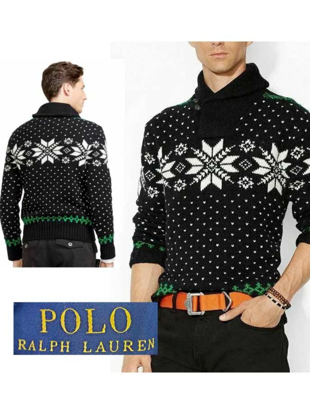 Polo Ralph Lauren Mens Fair Isle Snowflake Cashmere Knit Sweater Shawl Collar